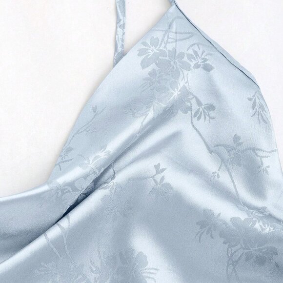 Ice Blue Satin Slip Dress Cinched Waist Split Front Floral Print Spaghetti Strap - Picture 2 of 6